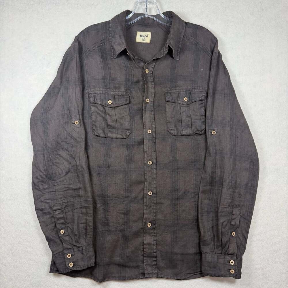 Mavi Womens L Long Sleeve Button-Down Brown Plaid Shirt Chest Pockets Thin light